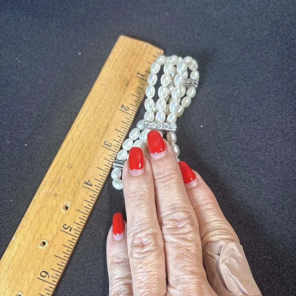 Three strand pearl and rhinestone bracelet costume jewelry